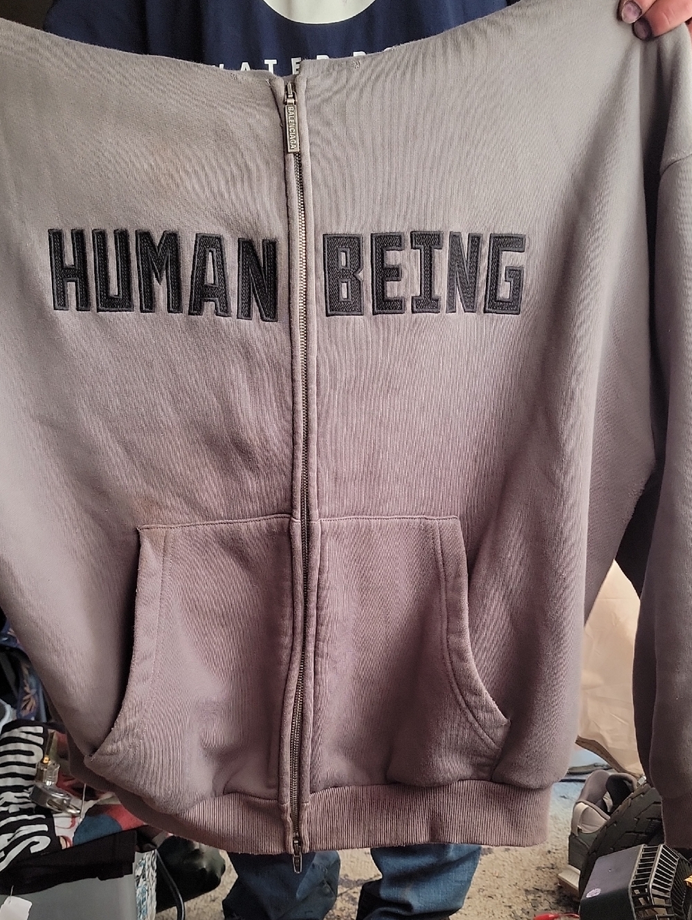 Balenciaga Taupe 'HUMAN BEING' Zip-Up Sweater